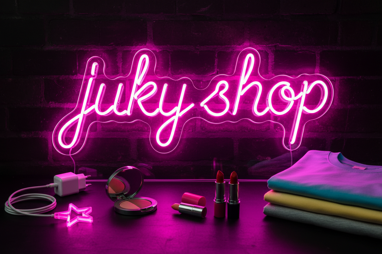 Con la frase juky shop con forma de luz neon rosa con articulos al rededor como cargador, cosmetico, camisas y una estrella 
